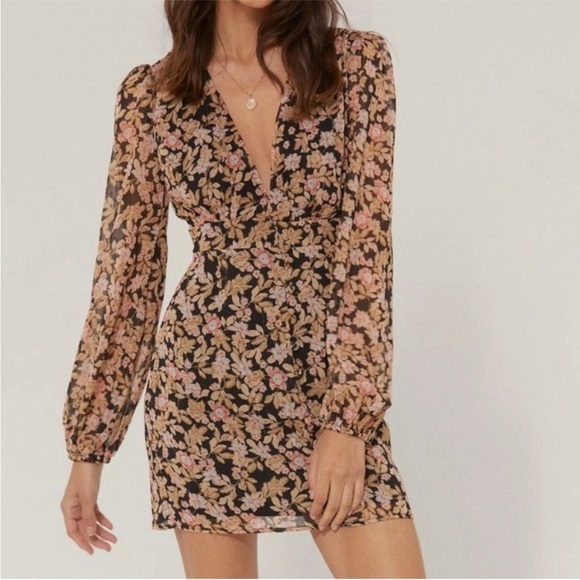 NASTY GAL NOTHIN BUD LOVE LONG SLEEVE V NECK FLORAL PRINT MINI DRESS SIZE 0 - Picture 1 of 4
